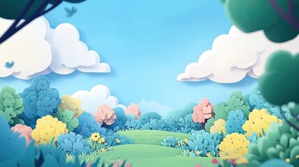 Calm scene featuring a serene backdrop of a blue sky adorned with fluffy clouds Tranquil landscape with a clear blue sky and soft white clouds