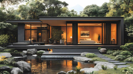 A serene 3D design of a modern Feng Shui home.