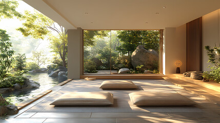A serene 3D design of a modern Feng Shui home.