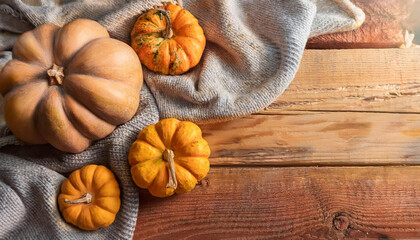 Naklejka premium Autumn various pumpkins on a wooden table with cozy blanket.