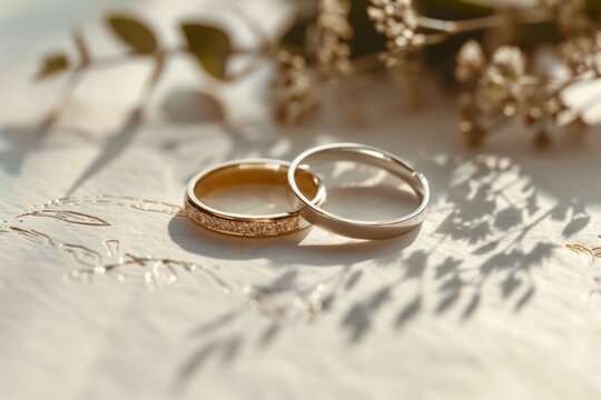 Gold and silver wedding rings with diamond accents placed on a textured paper background with botanical shadows. Generative AI