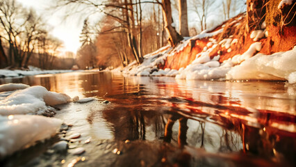 Glossy Frozen River with Snow-Covered Banks and Clear Copy Space for Seasonal Promotions - Natural Winter Background