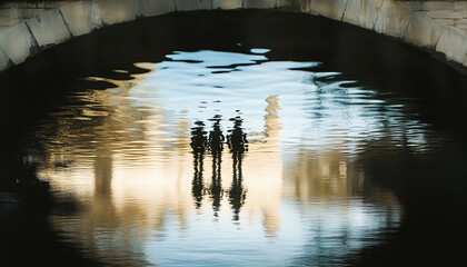 Capture people standing on or under a bridge, with their reflections distorted by water ripples below for an abstract and dreamy feel