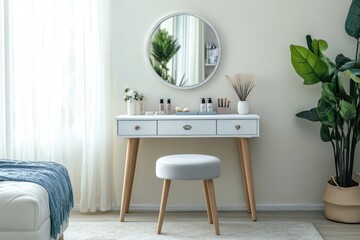 light-colored room interior with vanity table, plants and minimal cosmetics