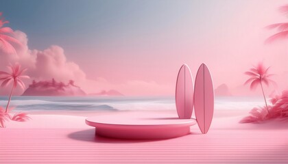 Pink surfboards leaning on a pink platform on a tropical beach with pink sand