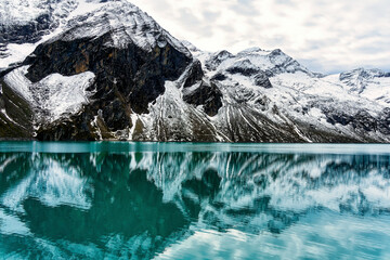 View from the Moserboden Reservoir towards the Wiesbachhorn in Austria, snow-covered