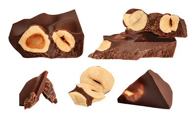 Dark Chocolate with hazelnuts isolated on white background. Set of Broken chocolate bar pieces with hazel nuts. Pattern