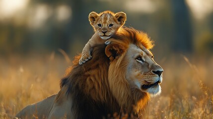 Fototapeta premium A lion cub rides on its father's back in the African savanna.