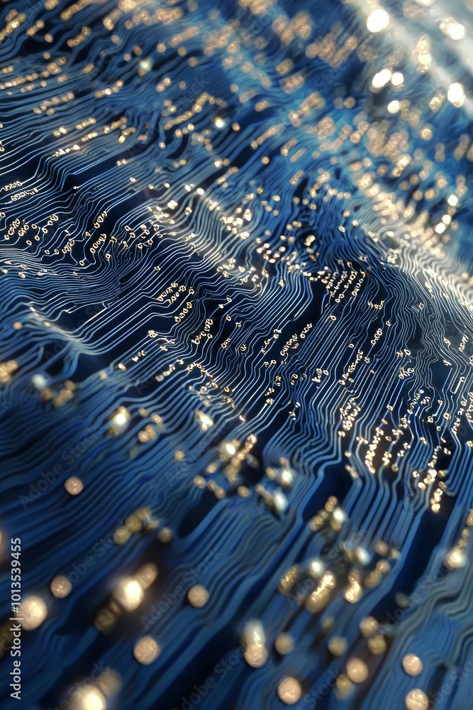 Poster abstract close-up of a circuit board with golden components and bokeh lights