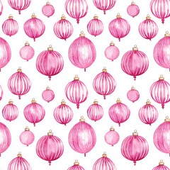 Pretty watercolour style seamless repeating pattern of pink christmas baubles, great for stationery and fabric.