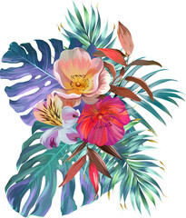 Bouquet of tropical flowers. Summer bouquet of flowers. Camellia, rose, hibiscus, orchid, plumeria, paradise flowers. Exotic, tropical