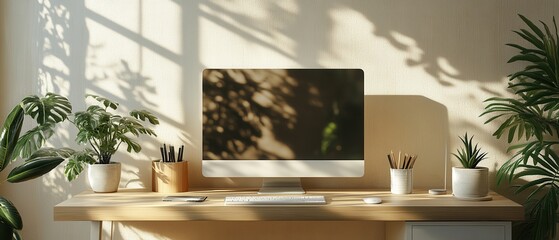 Fototapeta premium Modern Workspace with Artistic Touch: Cozy Desk Scene Under Soft Sunlight.