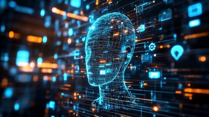 Obraz premium Virtual assistant hologram and social media icons, AI and chat bot communication, Generative AI