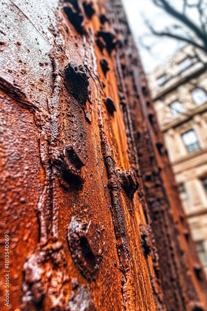 Poster close-up of a rusted metal surface with visible texture and rivets
