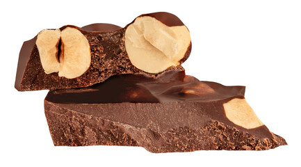 Milky Chocolate with hazelnuts isolated on white background. Broken chocolate bar pieces with nuts