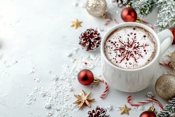 Festive hot chocolate topped with chocolate snowflakes in a cozy holiday setting.