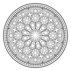 Obraz premium Black and white page for coloring book. Drawing of Gothic rose. Stained glass window from Cathedral of Our Lady of Chartres. Medieval architecture in western Europe. Vector illustration.