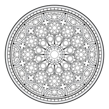 Black and white page for coloring book. Drawing of Gothic rose. Stained glass window from Cathedral of Our Lady of Chartres. Medieval architecture in western Europe. Vector illustration.