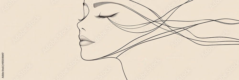 Poster the artwork features flowing, abstract lines that outline a calm female face, emphasizing elegance a