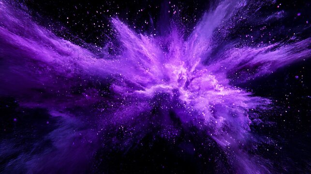 A vibrant purple explosion against a black background with a scattering of sparkles.