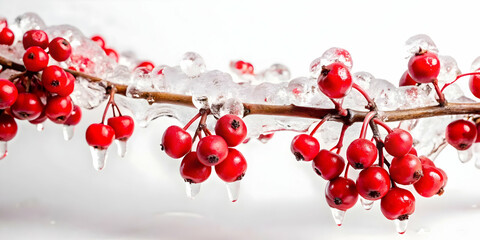 Obraz premium 3D Glossy Frozen Red Berries Clinging to an Ice-Covered Branch with Vibrant Colors and Copy Space for Winter Imagery