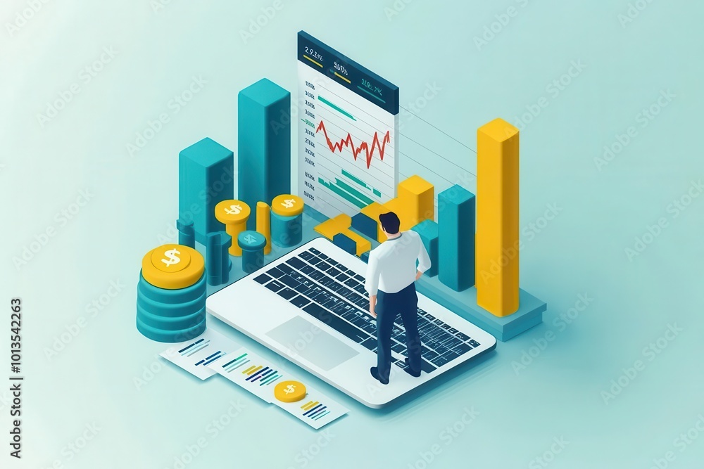 Poster a digital business scene featuring a person analyzing financial data on a laptop with colorful graph