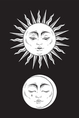 Hand drawn medieval style art sun and crescent moon. Antique style sticker or tattoo design vector illustration isolated