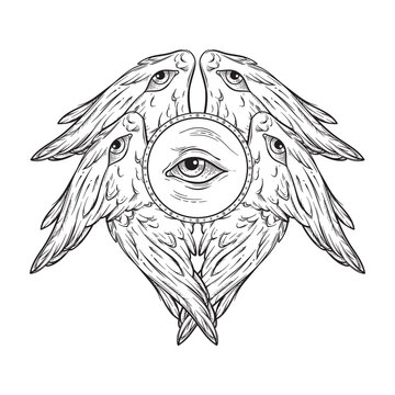 Biblical six winged angel Seraphim with eyes isolated. Hand drawn design vector illustration