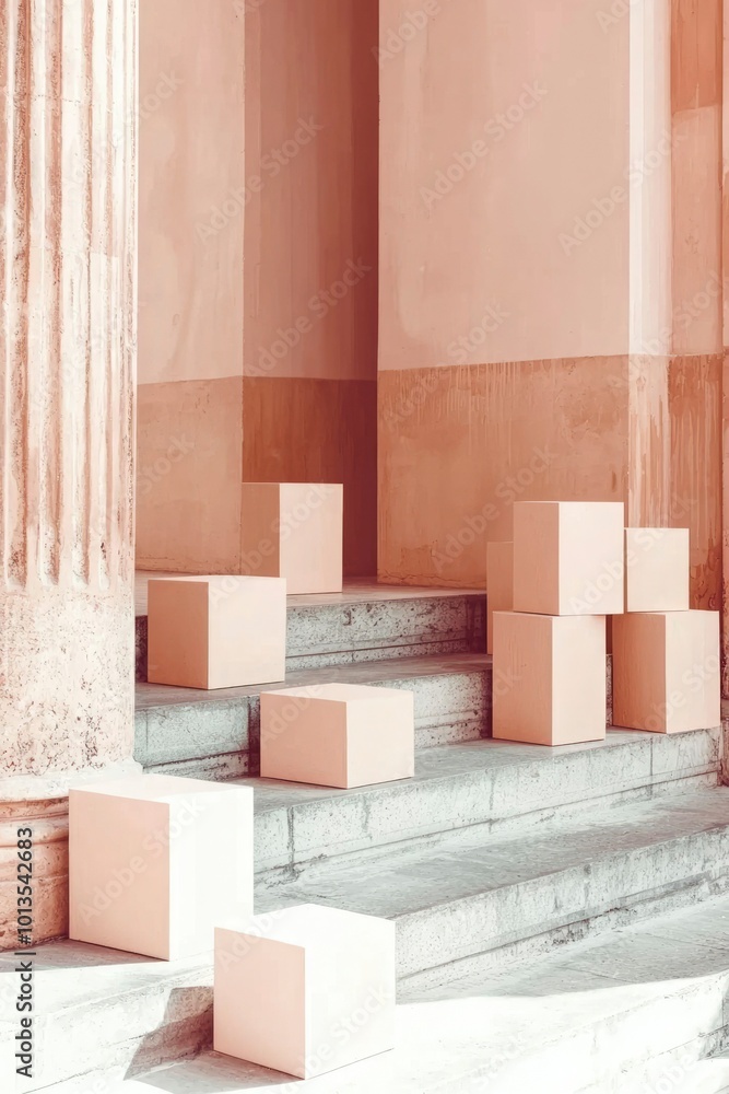 Poster white cubes on concrete steps with a column and wall in the background