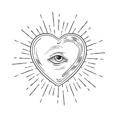 All seeing eye of God in sacred heart with rays of light sunburst hand drawn isolated vector illustration. Black work, flash tattoo or print design