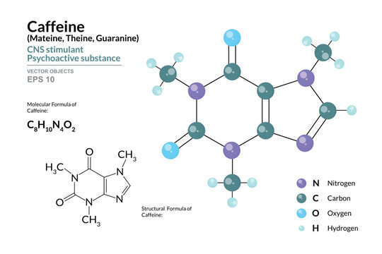 Caffeine. Mateine, Theine, Guaranine. Chemical Formula and 3d Model of Molecule. C8H10N4O2. Atoms with Color Coding. Vector Illustration for educational materials, scientific articles, presentations