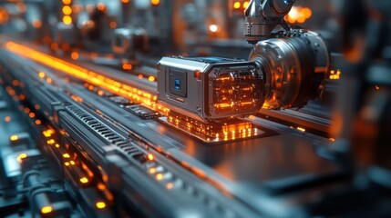 Futuristic Robotic Assembly Line with Orange Glow and Metallic Machinery