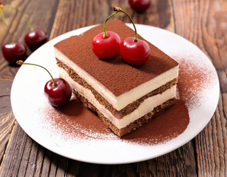 tiramisu with cherries in a white plate on wooden table