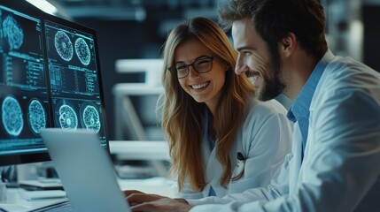 Portrait of Two Happy Female and Male Engineers Using Laptop Computer to Analyze and Discuss How to Proceed with the Artificial Intelligence Software