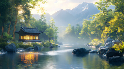 Fototapeta premium A serene 3D illustration of a Feng Shui-inspired land