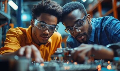 Male Student Engineer Discussing Ideas with Black Teacher while Working with Computer Processor. Man Uses Screwdriver. High-Tech Science and Engineering Concept. Medium