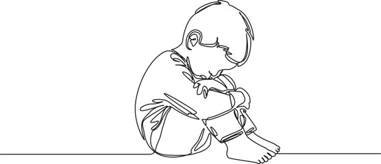 continuous single line drawing of sad toddler boy sitting on floor, line art vector illustration