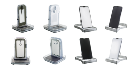 Set of phone stands featuring different metal and plastic designs. Includes variations for holding smartphones, isolated on a transparent background.