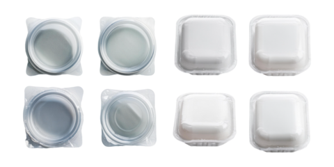 Collection of sealed round and square food containers for portioned packaging, isolated on transparent background. Ideal for food storage or delivery.