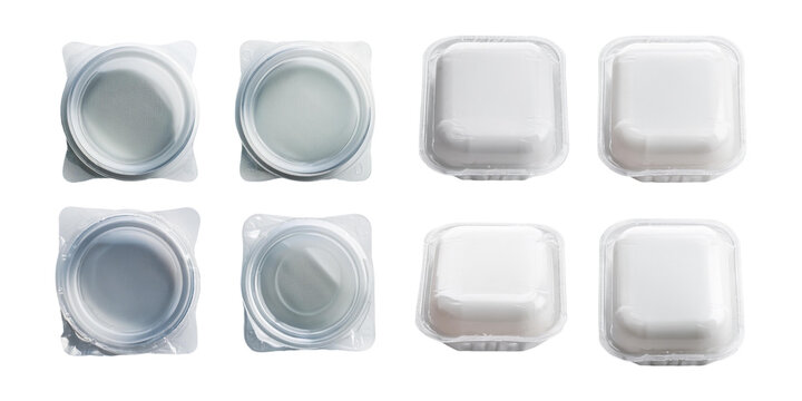 Collection of sealed round and square food containers for portioned packaging, isolated on transparent background. Ideal for food storage or delivery.