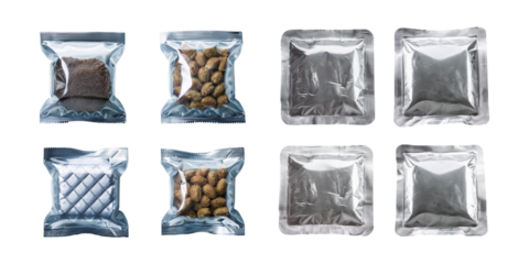 Set of foil snack pouches containing nuts and powders. Various packaging designs, ideal for food preservation, isolated on transparent background.