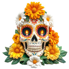 Day of the dead skull adorned with vibrant flowers
