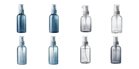 Set of plastic spray bottles in various designs, ideal for cosmetics, cleaning, or travel use, isolated on a transparent background. Mega bundle collection.