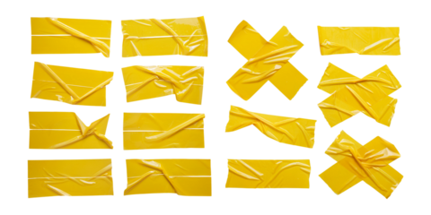 Set of yellow duct tape strips and crosses with wrinkled textures. Isolated on transparent background, ideal for design elements and crafting projects.