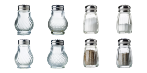 Set of classic glass salt and pepper shakers with metal lids, perfect for kitchen or dining use, isolated on a transparent background. Mega bundle collection.