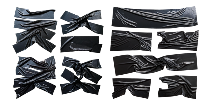 Collection of crinkled and wrinkled black duct tape strips in various shapes, isolated on a black background. Ideal for design, repair, and creative projects.
