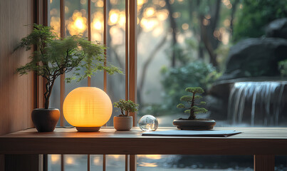 A serene Feng Shui-inspired workspace featuring a woo