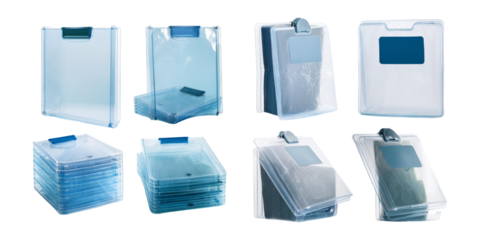 transparent plastic files - set of office supplies. Cellophane folders with zipper, button to protect documents