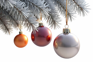 3D Glossy Christmas Ornaments Hanging on Snowy Tree Branch with Copy Space for Festive Winter Background