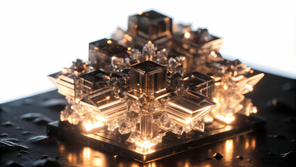 Macro Shot of Glowing Ice Crystals on Metallic Surface - Futuristic Design with Neon Aesthetics, Intricate Structure Highlighted
